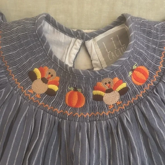 Lil Cactus smocked dress with turkeys and pumpkins size 5y - Picture 2 of 8